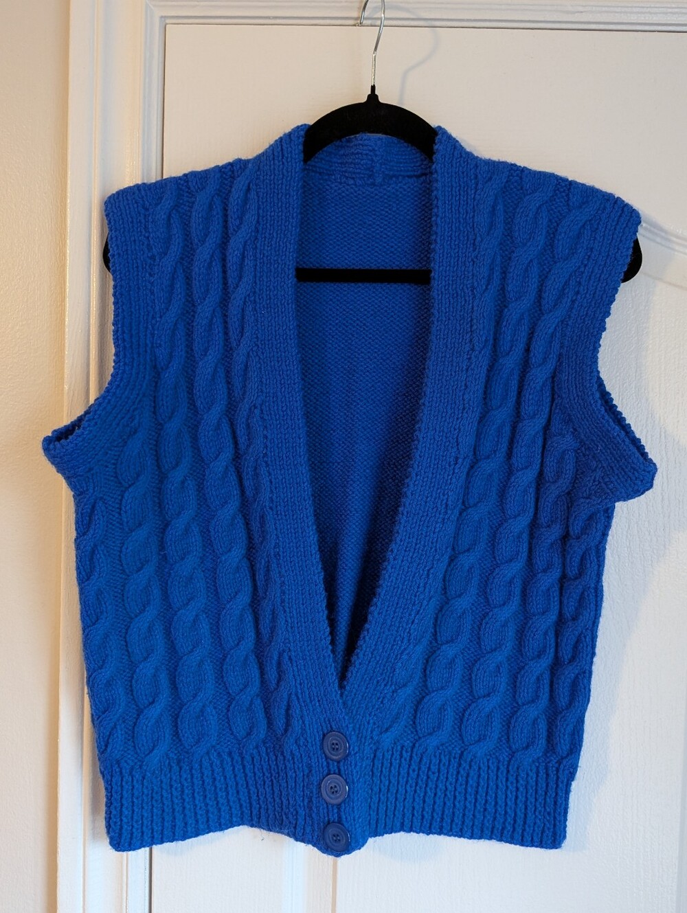 Hand-Knit Royal Blue Cable Knit Sweater Vest S/M, Button Front, Grandpa Style